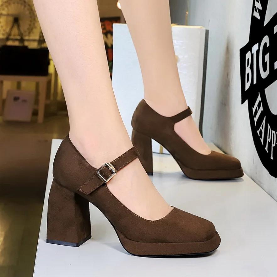 

Мода Новая Мода Туфли на Высоком Каблуке Женские Туфли Осень Толстый Каблук Рабочая Обувь Универсальные Туфли на Высоком Каблуке Черная Модная Женская Обувь Zapatos Mujer 40 коричневый