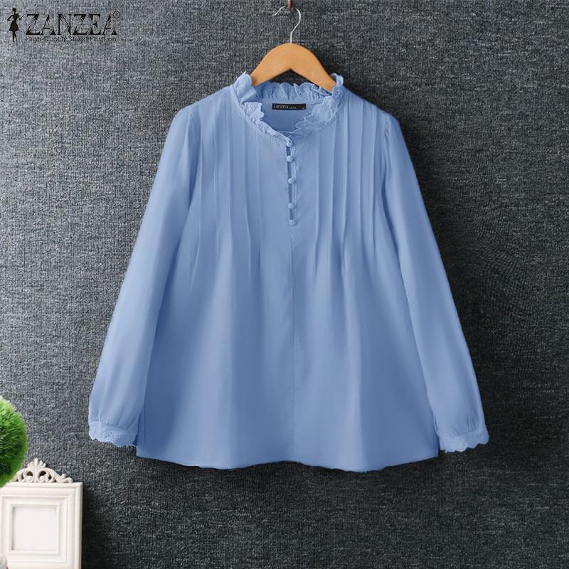 ZANZEA Bluză casual cu mânecă lungă cu gât rotund din dantelă