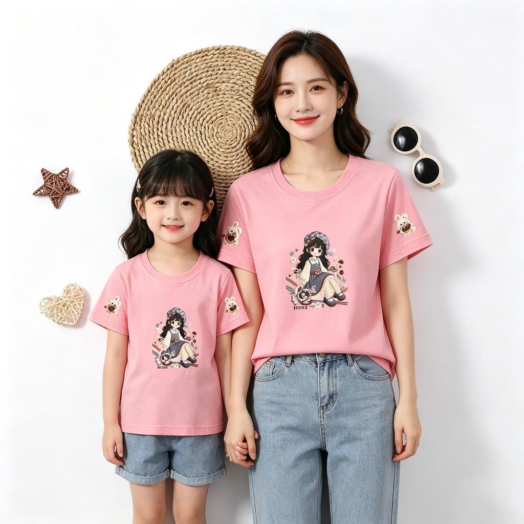 Passendes Herz-Print Baumwoll-T-Shirt für Mutter und Tochter - Kurzarm, Lockerer Schnitt