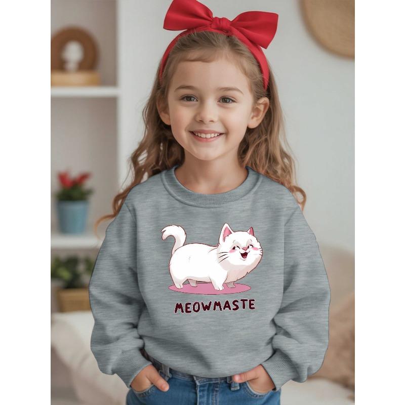 MEOWMASTE Girls' Cute Cat & Meow Print Sweatshirt - Red with White Paw Design, Cozy Round Neck Long Sleeve Pullover