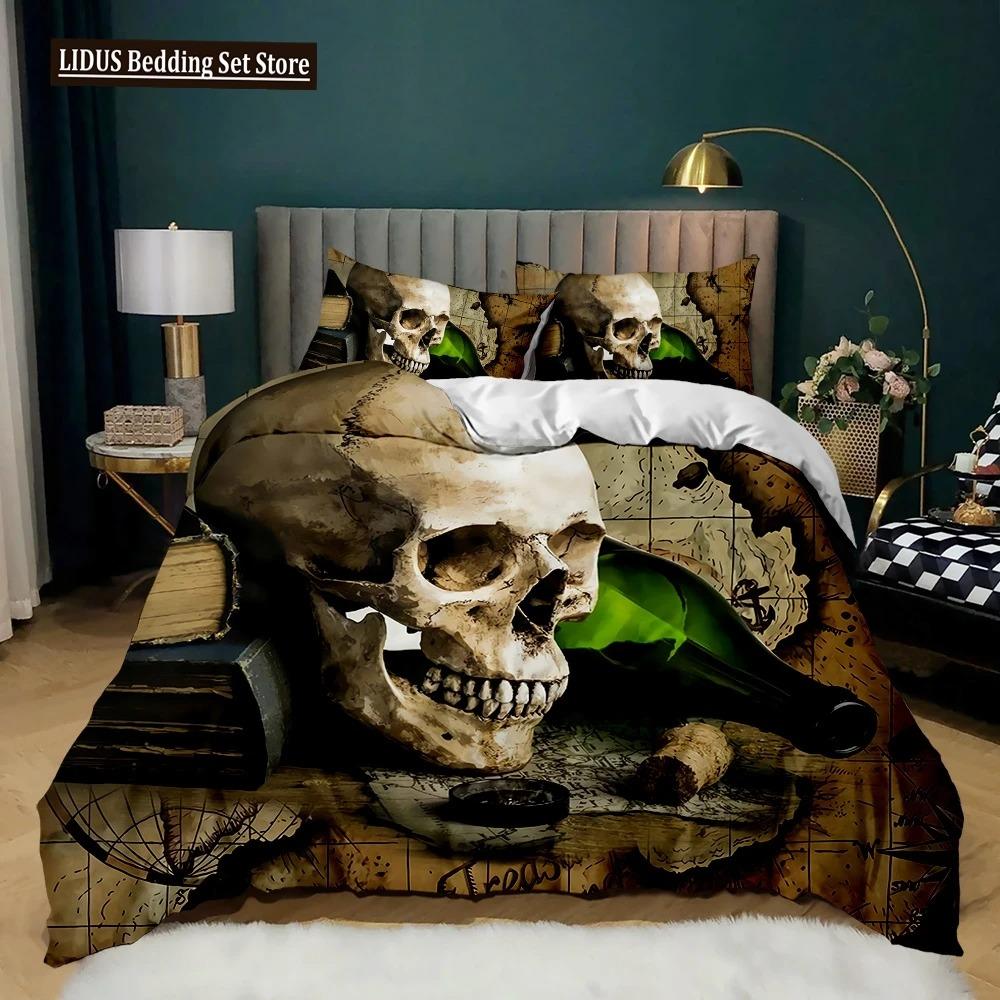 3D Totenkopf Bettbezug Set, Gothic Totenkopf Bettwäsche Sets, Totenkopf Skelett Bettdeckenbezug Full Queen Größe, Halloween Horror Steppdeckenbezug