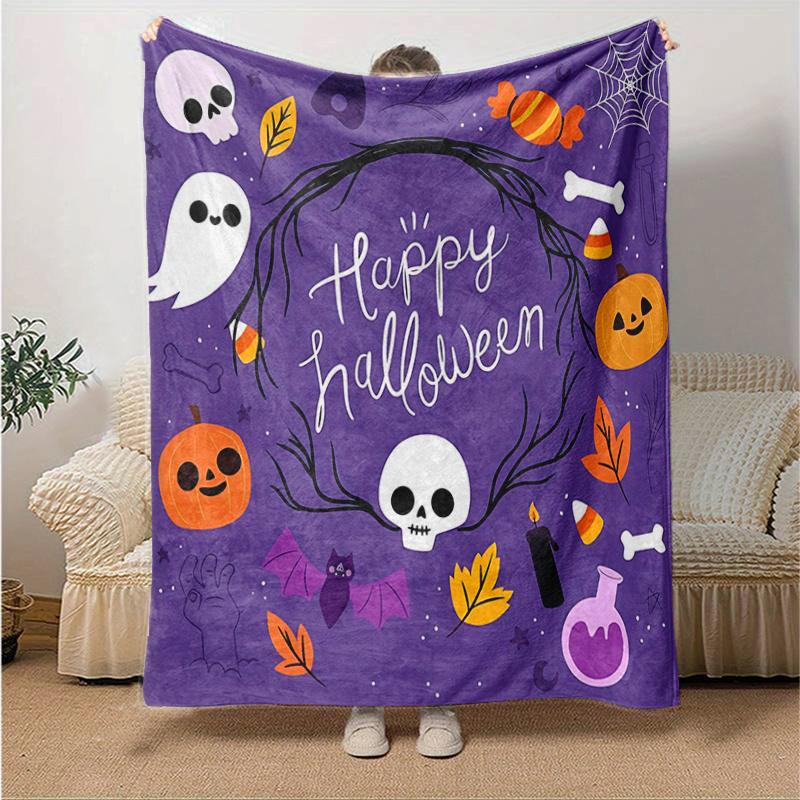 1pc Happy Halloween Cute Pumpkin Ghost Skull Blanket  Soft Throw for Home Decor, Gift Idea, Living Room, Travel, Camping, Car Blankets