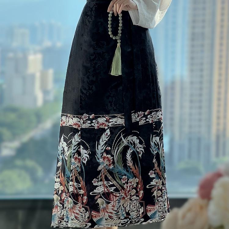 Chinese Ming Dynasty Style Hanfu Women's Stand Collar Daily Print horse-face  Skirt