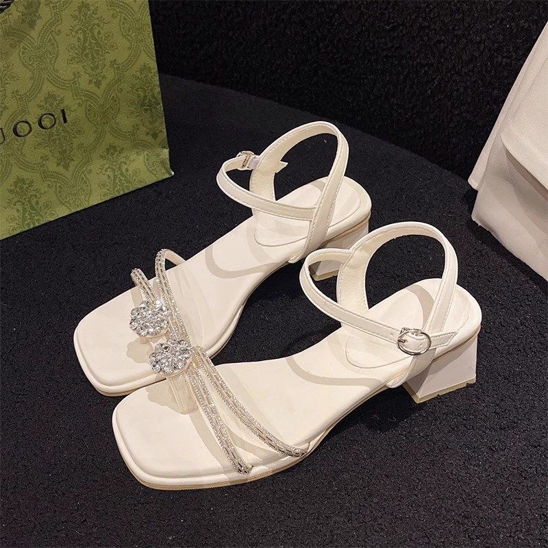 Summer Thick-Heeled Sandals Women'S Rhinestone Outer Wear Versatile Middle-Heeled Fairy Wind Word With Middle-Heeled Sandals