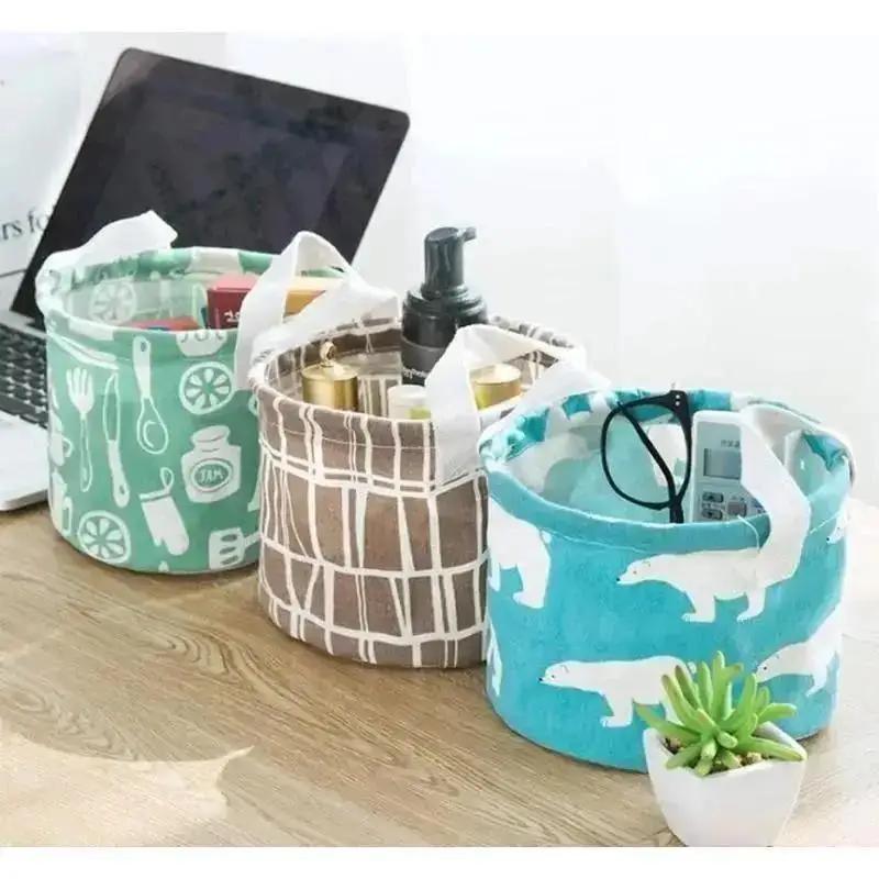 Household Fashion Cartoon Circular Cotton Linen Desktop Storage Box Sundry Storage Stationery Cosmetics Storage Basket Container