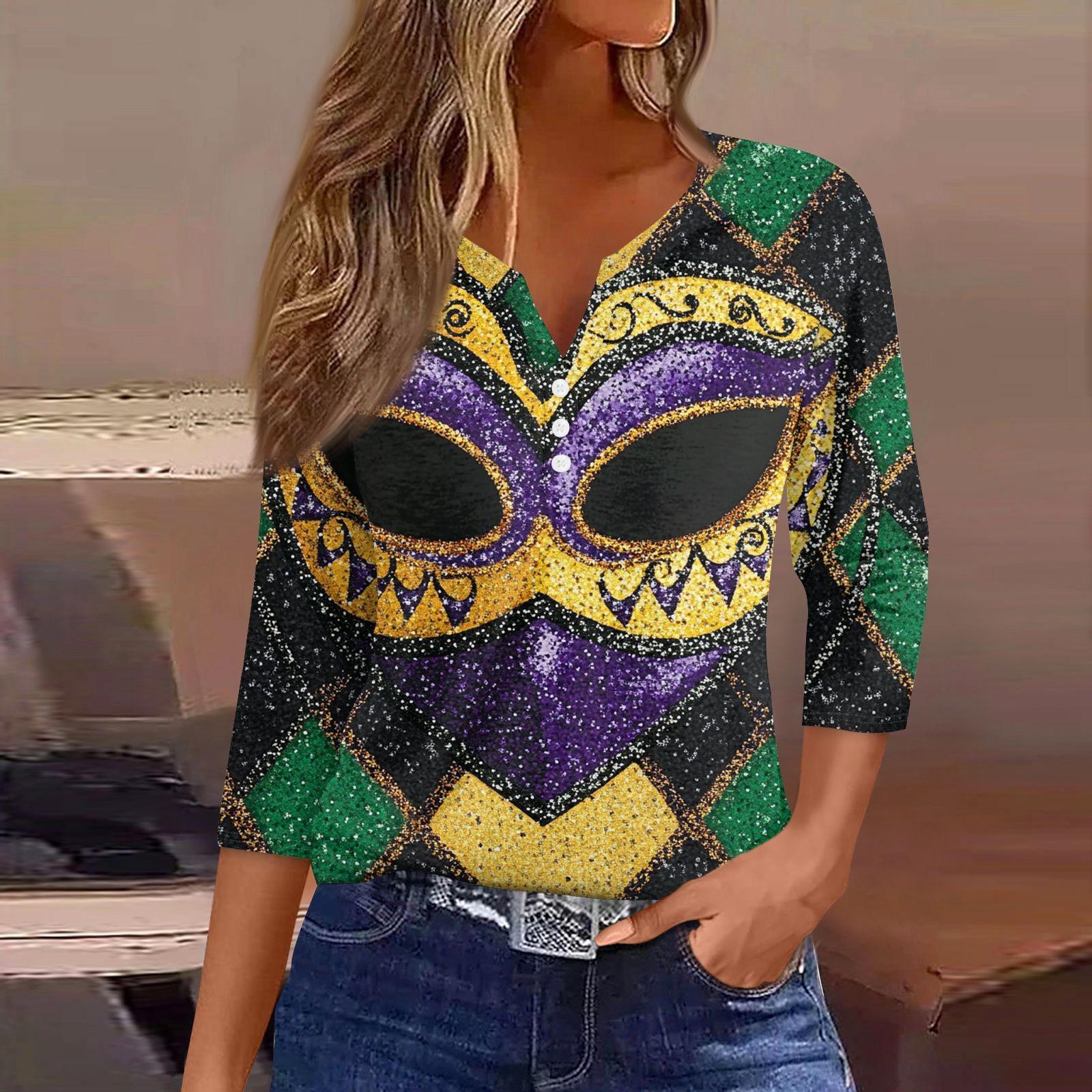 

Женская модная повседневная футболка с V-образным вырезом и рукавом семь четвертей, топ с карнавальным принтом и пуговицами L армия зеленый