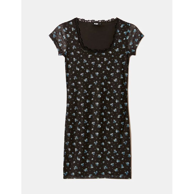 

Fashion Niche Style Pastoral Floral Sexy Lace Mesh Floral Print Dress Black background floral S
