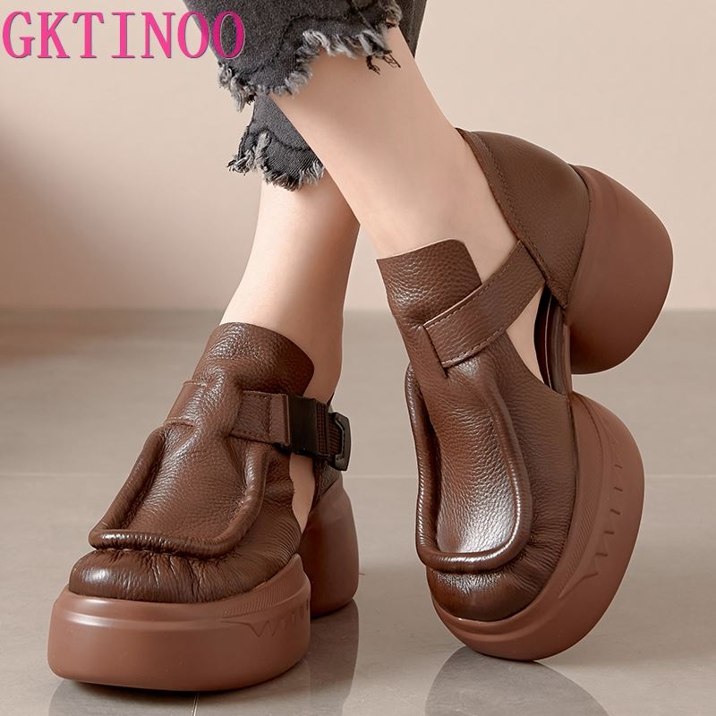 Fashion GKTINOO Retro Genuine Leather Thick Sole Platform Shoes Women 2025 Summer New Waterproof Comfort Round Toe Handmade Sandals