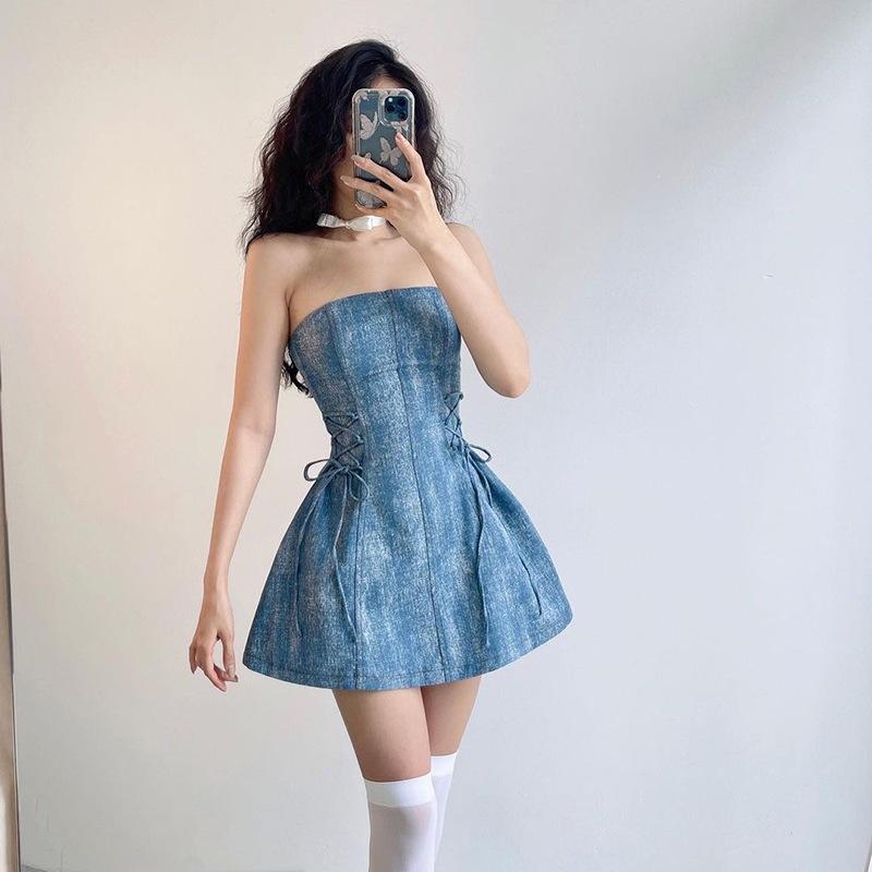 2026 European and American style summer new women's clothing solid color slim fit high waist fashion one-word collar halter dress women