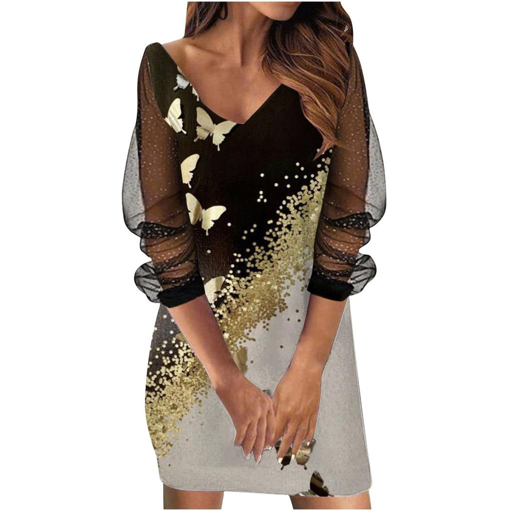 Women's Fashion Casual Long-sleeve V-neck Sexy Mesh Printing Stitching Dress