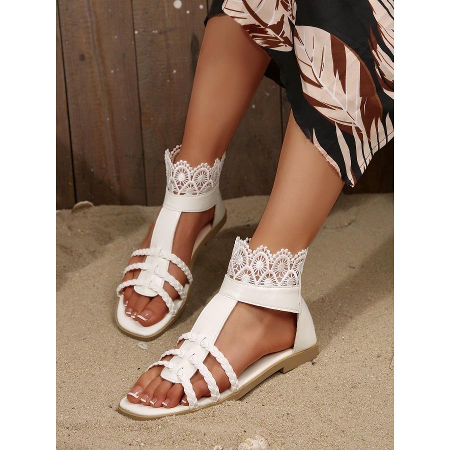 Plus Size 2025 Spring/Summer New Arrival Roman Bohemian-Style Woven Back Zipper Lace Flat Sandals