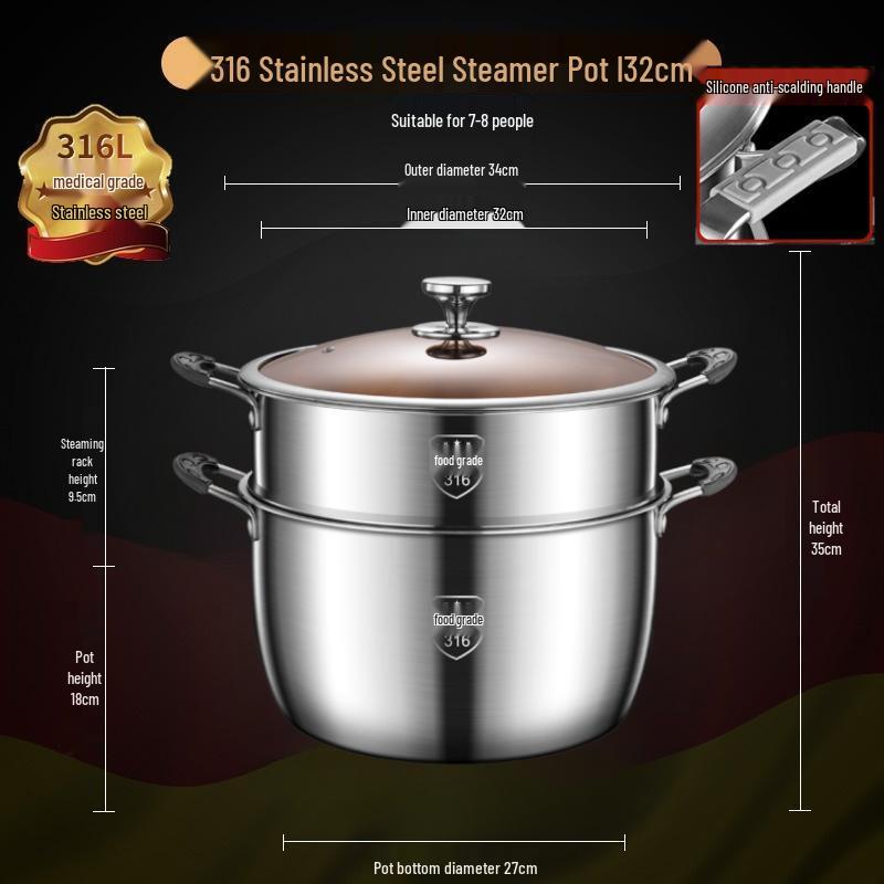 Extra Tall 316 Stainless Steel Stockpot with Anti-Overflow Lid, Large Capacity, No Coating, Perfect for Porridge, Steaming, and Stews.