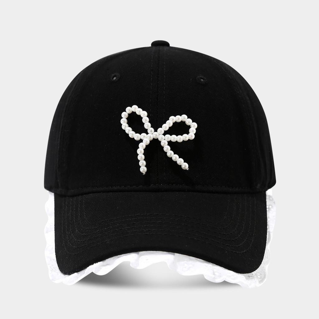 

Street Style Baseball Cap With Lace Edge And Pearl Bow For Summer Sun Protection чёрный