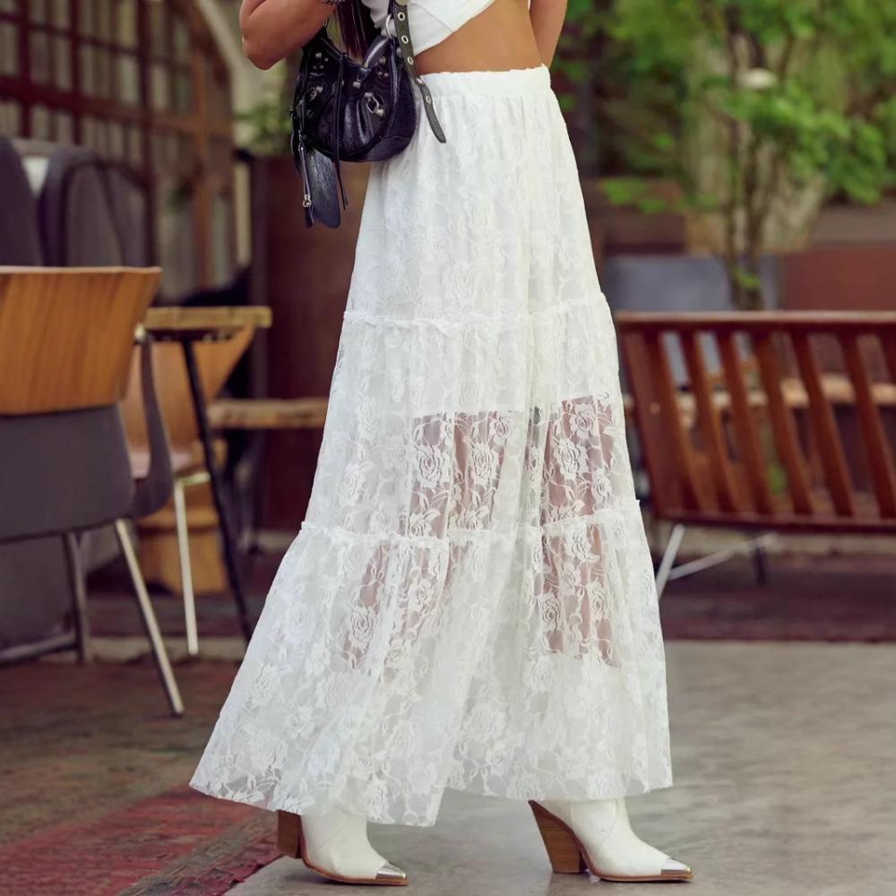 Saia Longa Elegante de Renda Floral Cintura Alta 2025 Primavera e Verão Moda Feminina Vazada Fresca Macia Casual Férias Praia