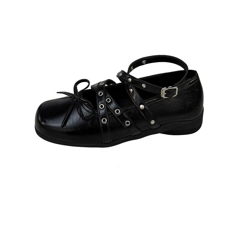 The owner's own version~ Red cross-strap bow small single shoes women's new shallow rivet flat-soled ballet shoes