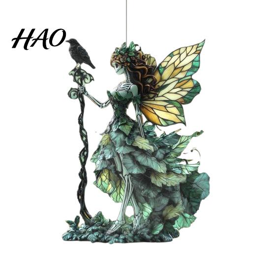 Durable Acrylic Decor Stained Glass Style Skeleton Fairy Window Hanging Suncatcher, Decorative Ornament with Butterfly Wings Yard Accents for