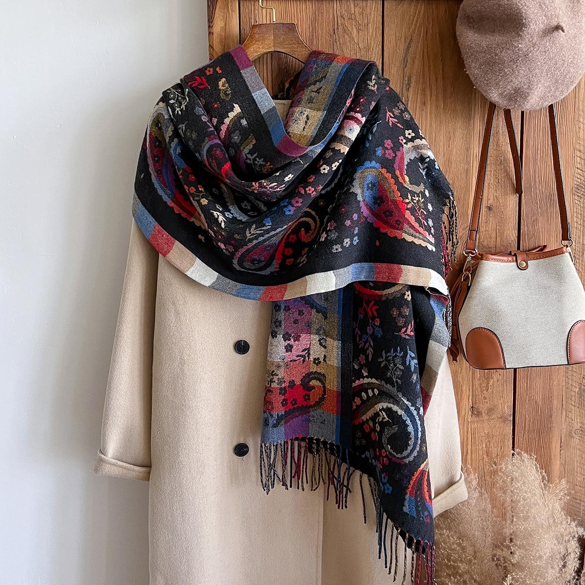 Damen Böhmischer Paisley Faux Kaschmir Infinity Schal Winter Warm Beidseitig Dick Floral Bedrucktes Tuch Mit Gemütlichen Quasten