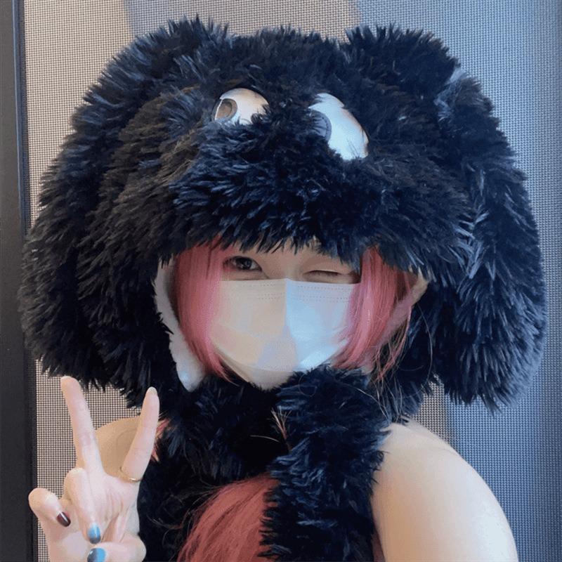 

Плюшевая шапка-щенок женская осенне-зимняя новая забавная милая шапка для улицы зимняя теплая утолщенная ветрозащитная шапка чёрный