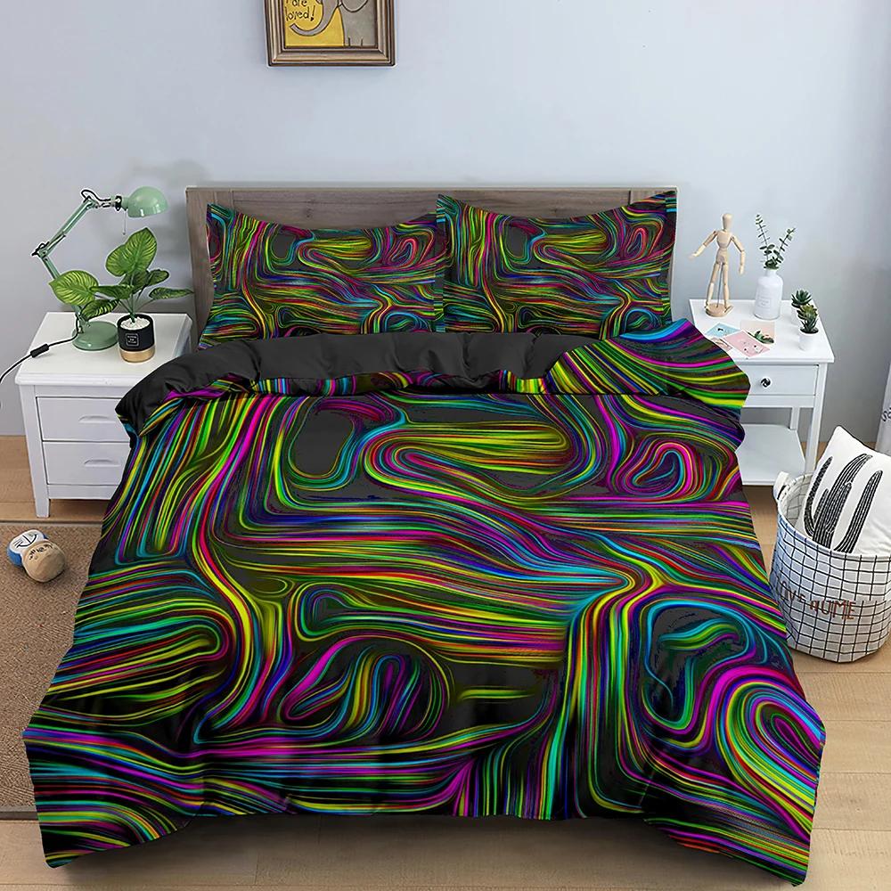 Geometrický 3D tištěný ložní set Měkký 3D abstraktní povlak na přikrývku King Queen Double Psychedelic 2/3ks polyesterové povlaky na přikrývku