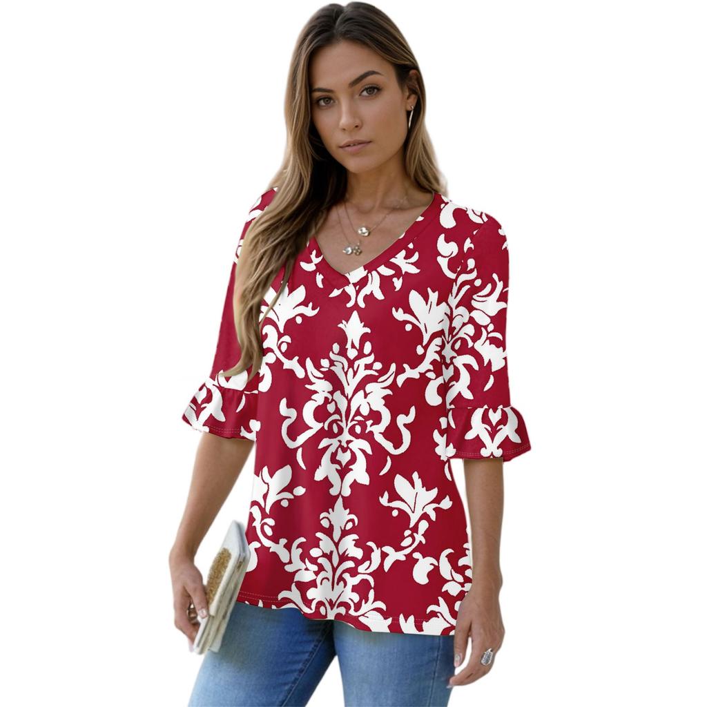 Women's Casual 3/4 Sleeve Tops V-Neck Sleeve T-Shirt Floral Print Tops