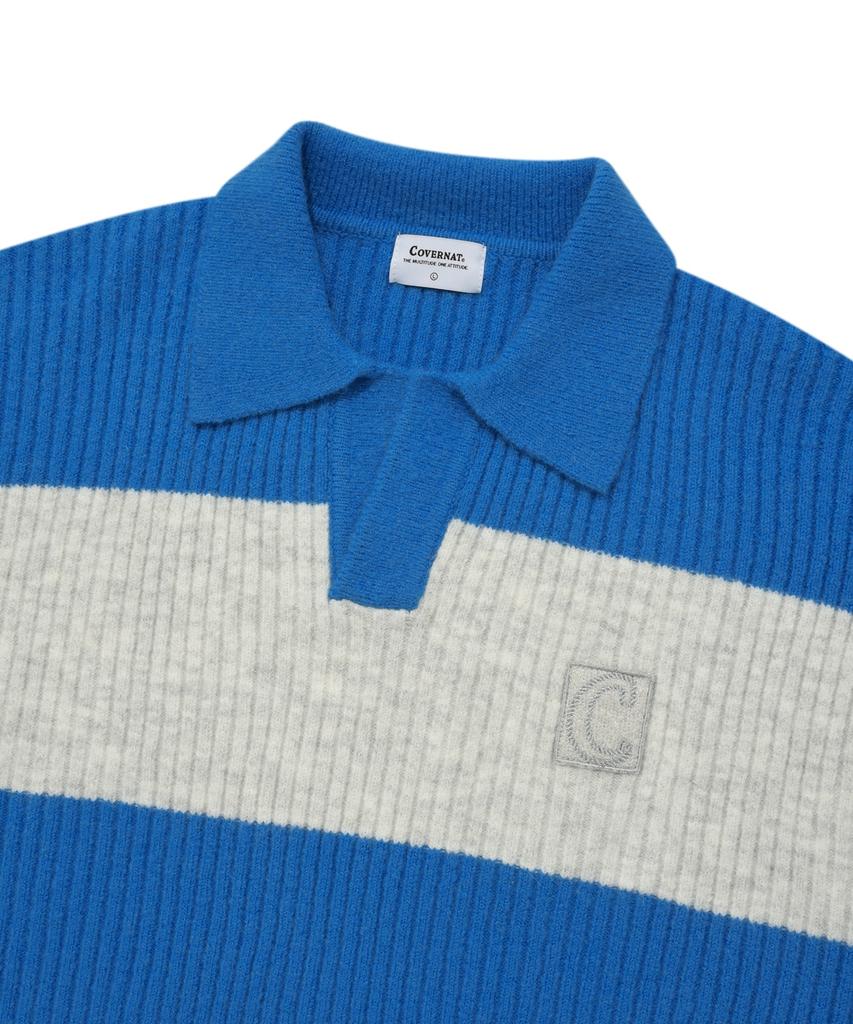 COVERNAT Color Block Stripe Collar Knit Blue
