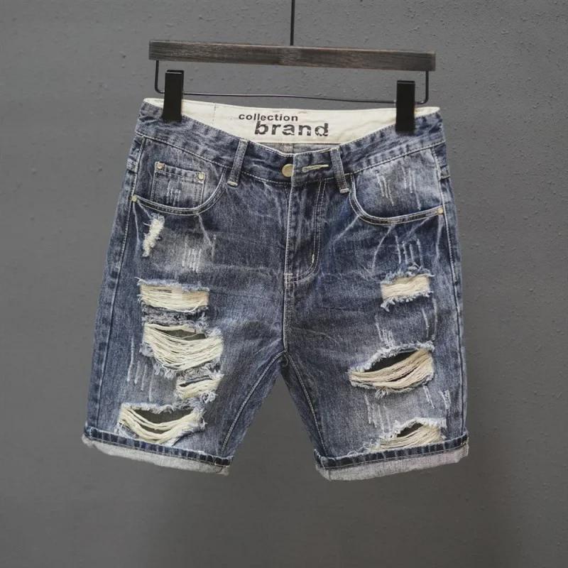 

Men s Retro Japanese-Style Ripped Denim Shorts: Summer Trend, Straight-Cut, Casual Fashion, Mid-Length. Size 28