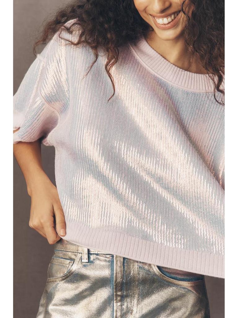 Summer 2026 Women's Solid Color Sequin Short Sleeve T-Shirt