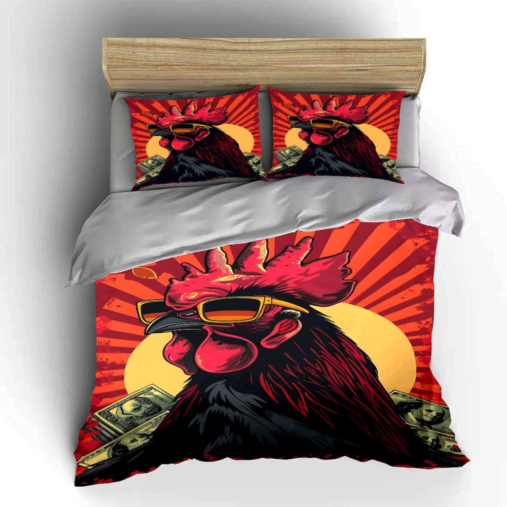 Stylish rooster, sunglasses, money. Bedding sets Duvet cover sets Duvet covers Pillowcases(1 * Duvet Cover 2 * Pillowcases without duvet insert)
