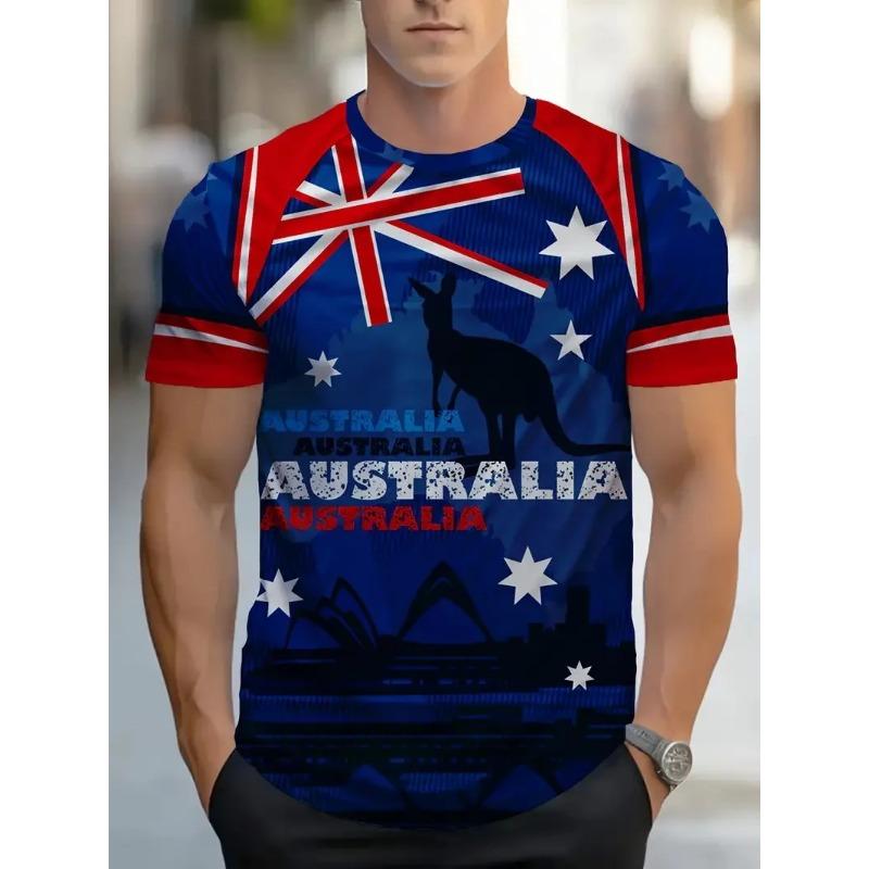 Summer Round Neck 3D Australia Flag Graphic Print Top Fashionable Casual Short Sleeved Men's T-shirts