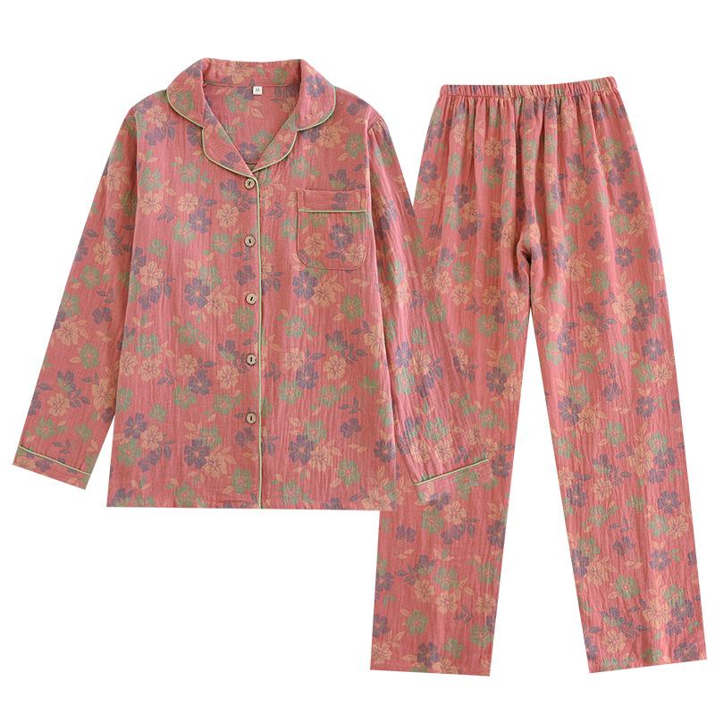 New 2024 Women's Floral Cotton Pajamas Set - Long-Sleeve, Turn-Down Collar, Double-Layer Gauze for Spring and Autumn.