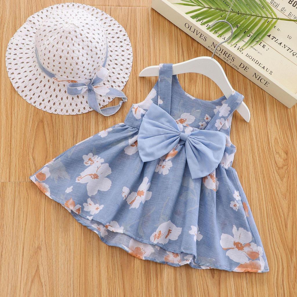 A749 Summer Baby Girl Princess Dress with Big Bow & Flower Skirt, Includes Hat, for Ages 1-4
