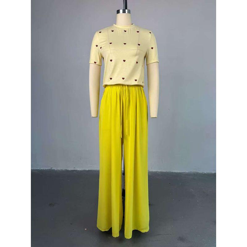 

Fashion New Arrival Sweet Fashion round Neck Heart Short Sleeve Tops Loose Pants Suit Top and Pants Set Yellow M