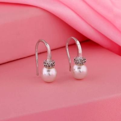 Women's Rhodium Plated CZ Pearl Hoop Earrings