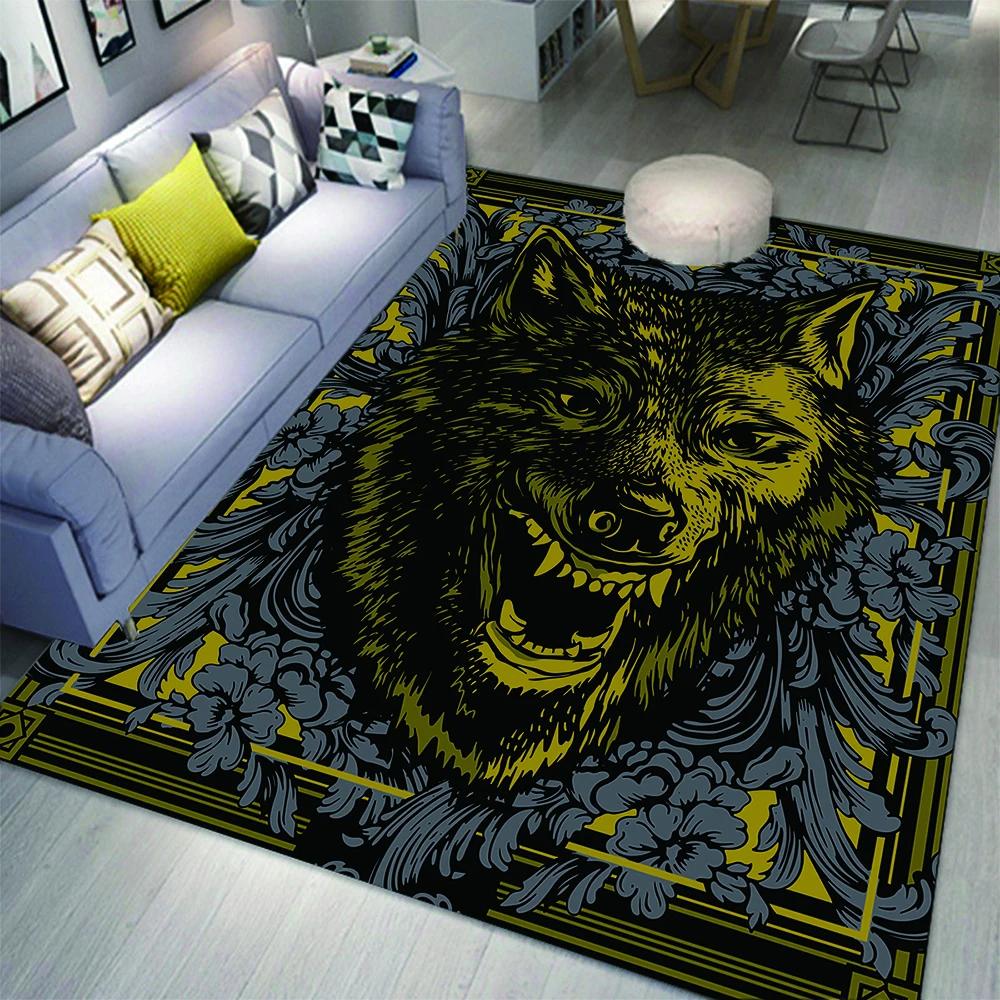 Wolf Carpet Bohemian Mandala Flower Area Rug for Living Room Bathroom Laundry Room Decor Wild Animal Doormat Non-Slip Floor Mat