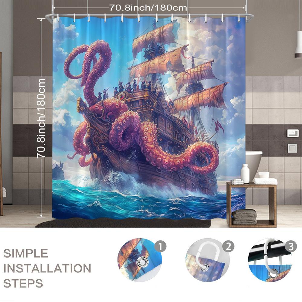 Fantasy Ocean Shower Curtain 1Pc – Octopus Wrapping Pirate Ship, Dramatic Sea Art Bath Curtain For Boys’ Room And Home Decor