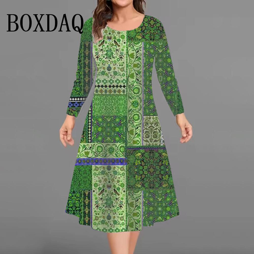Vintage Flowers Pattern Dresses For Women Autumn Fashion Plus Size 3D Print Long Sleeve Dress Casual Female Loose Clothing