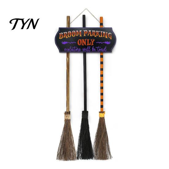 Reusable Holiday Hanging Sign Halloween Broom Parking with 3 Pcs Wooden Witches Brooms, Hocus Pocus Door Themed for Indoor Outdoor Home Wall