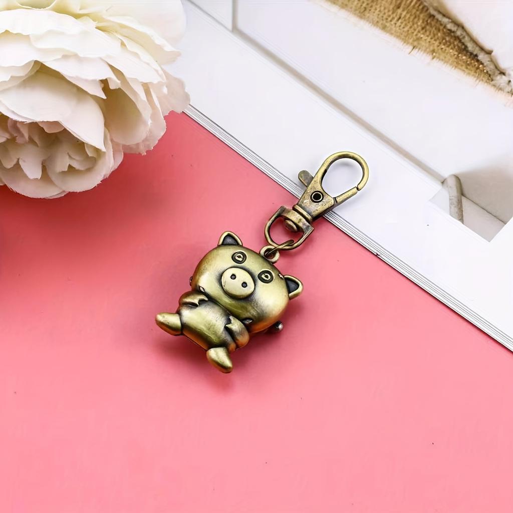 Piggy keychain watch hanging watch retro exam cartoon retro Piggy flip pocket watch backpack keychain for men and women