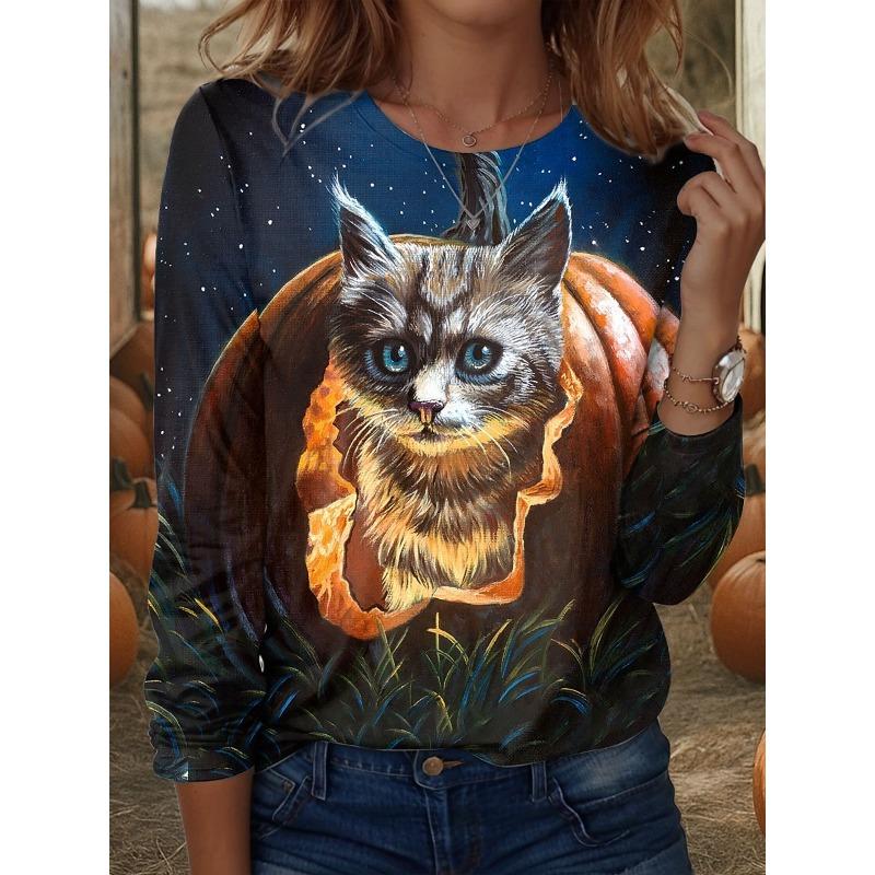 Fashion Women Long Sleeve Tops Casual Graphic 2025 Halloween Cat Tee Shirt Blouse Crewneck Fall Winter Streetwear Style Pullover