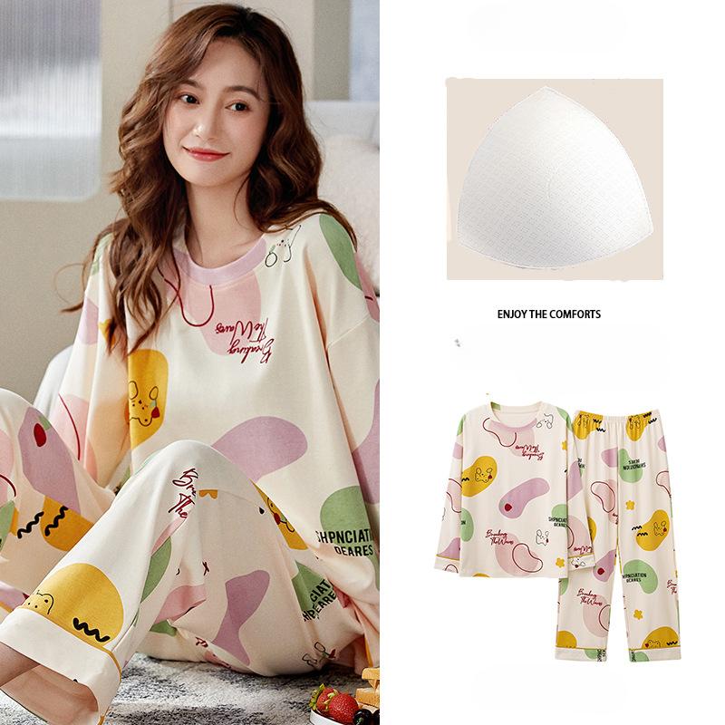 New Autumn Pajamas with Chest Pad Women Knitted Cotton Pajama Set Homewear Pijama Mujer Long Sleeve Casual Soft Female Sleepwear