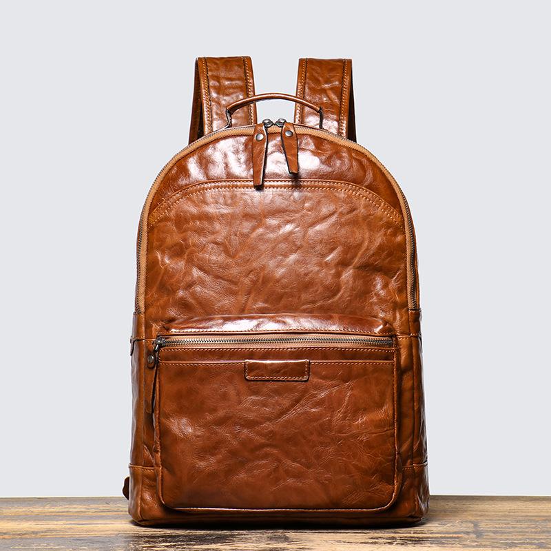 Men S Leather Backpack Vegetable Tanned Leather 15 Inch Computer Backpack Cowhide Hand Grab Travel Backpack