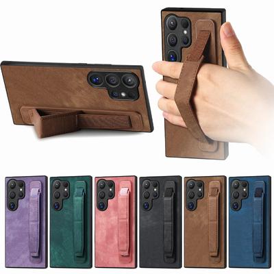 Wristband Holder Leather Phone Case For Samsung S24 S23 S22 Ultra A34 iPhone 16 15 Pro Max 14 13 12 11 Xiaomi 13T Redmi Note 12 Shockproof Slim Cover