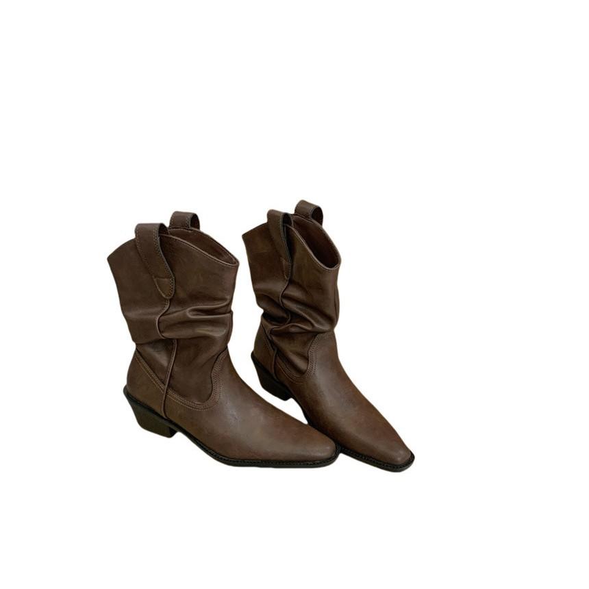 Fairy wind square head thick heel boots female 2025 autumn and winter new pleated pile boots western cowboy boots medium boots
