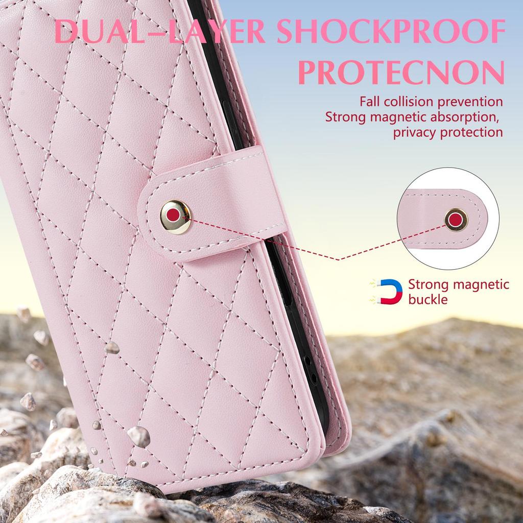 Funda tipo cartera de cuero con diseño de rejilla 3D y correa de lujo, soporte para libro para iPhone 17 16 15 Pro Max Samsung S25 S24 Plus A17 A16, para chicas, ranura magnética para tarjetas, tapa abatible