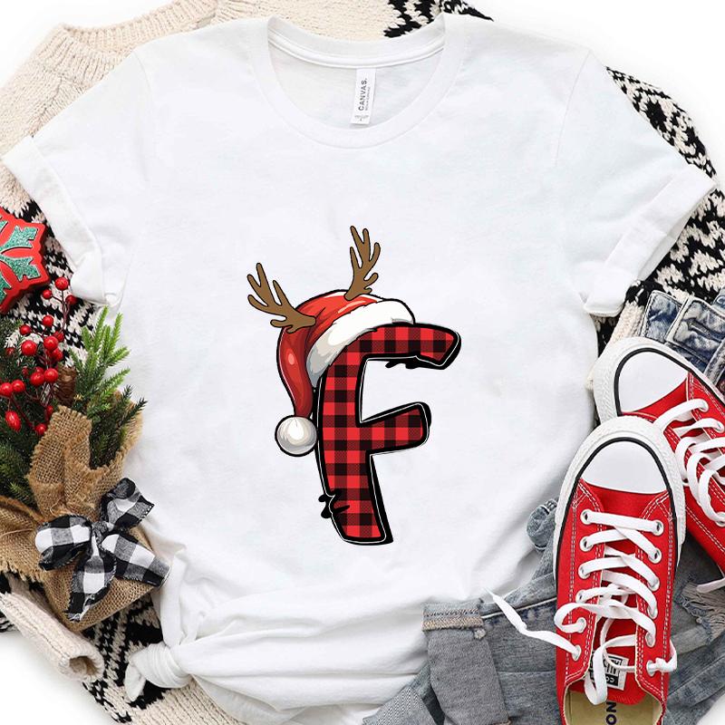 Christmas Alphabet AZ Letter Print Womens Tshirt Santa Graphic Casual Holiday Fashion Top Xmas Party Tees shirt for Women