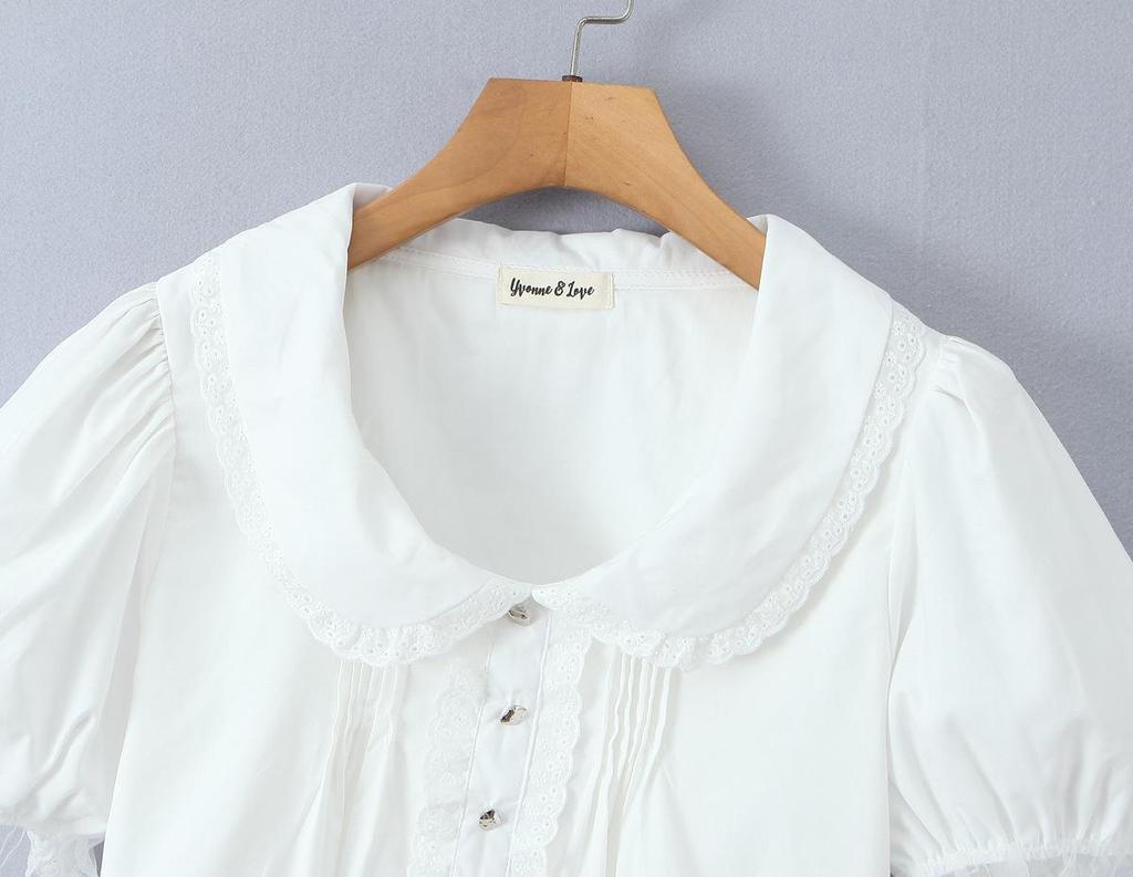 2025 Autumn Women's White Mesh Shirt with Doll Collar & Lace Puff Sleeves