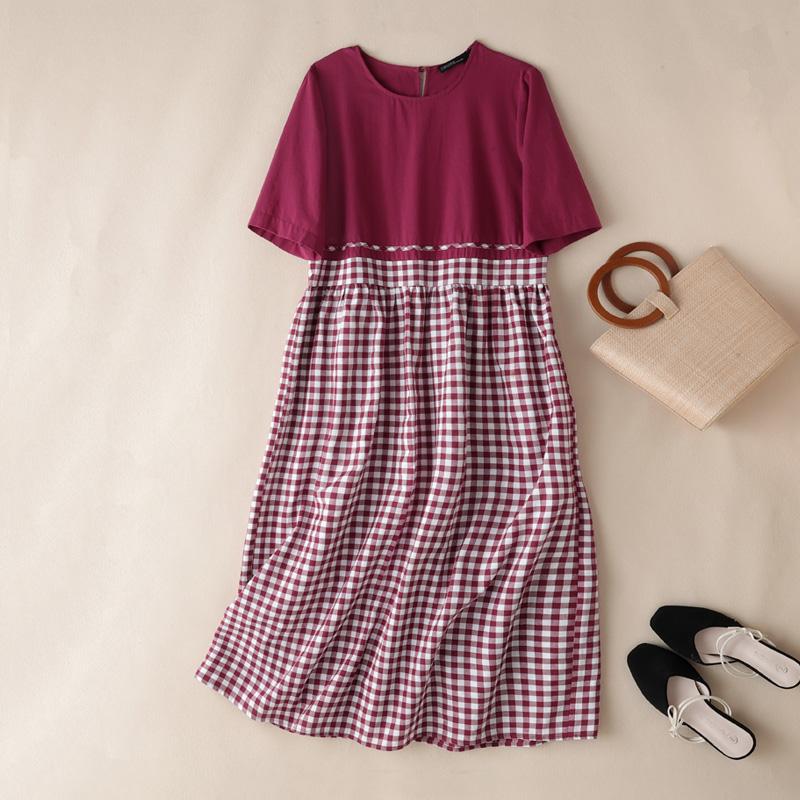 

ZANZEA Женское повседневное платье с круглым вырезом, короткими рукавами, клетчатым принтом и лоскутным шитьем 3XL вино красного