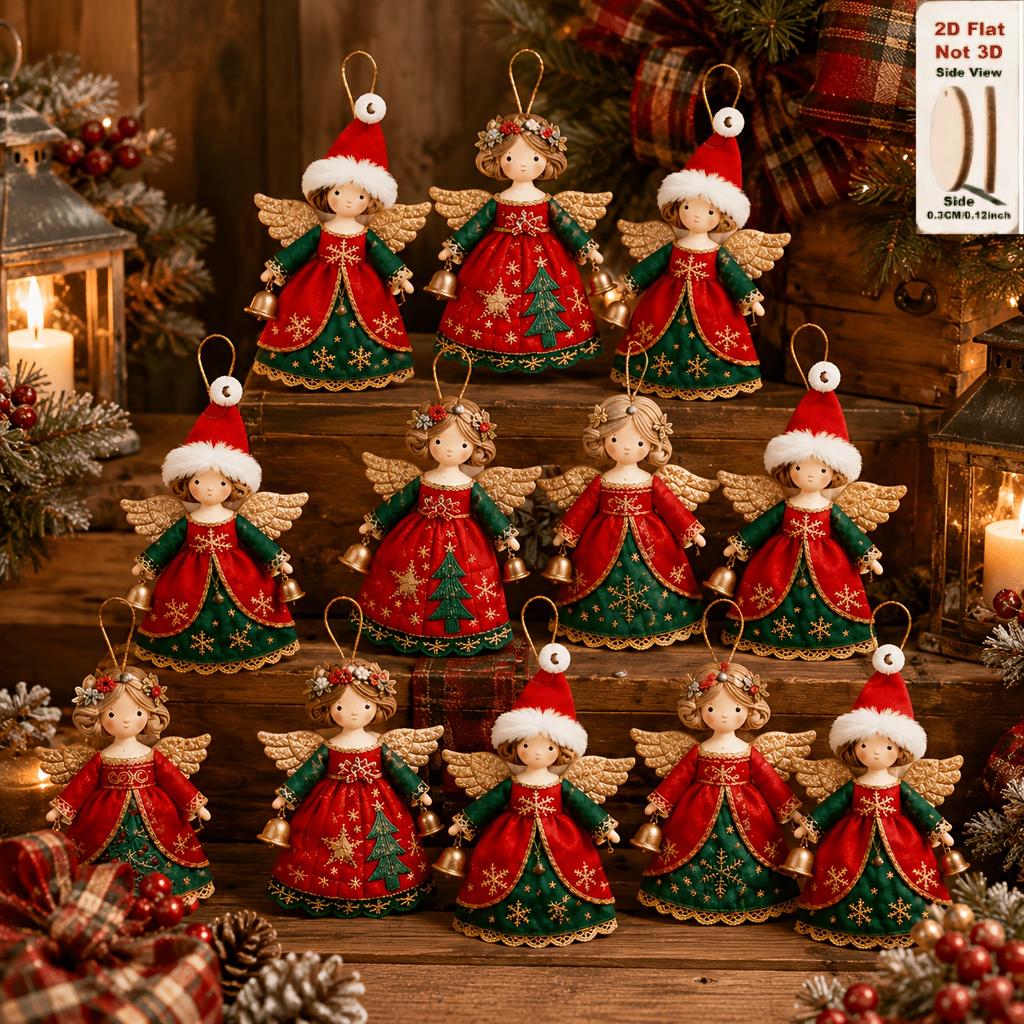 30pcs Christmas Angel Ornament Set Features Classic Red, Green, And Golden Holiday Colors, Paired with Golden Wings, Bells, Santa Hats, Wreaths