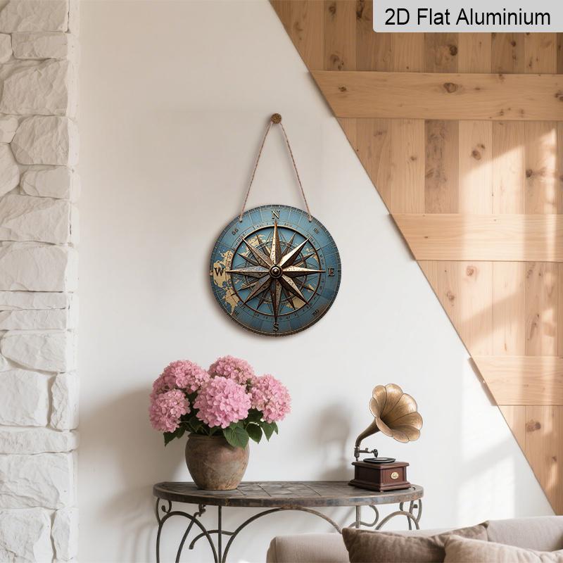 2D Flat 1pc Aluminum Decorative Item Vintage Compass-Style Wall Hanging 7.87 Inches × 7.87 Inches Ideal for Street Scenes, Shops, Bars, Cafes, Family