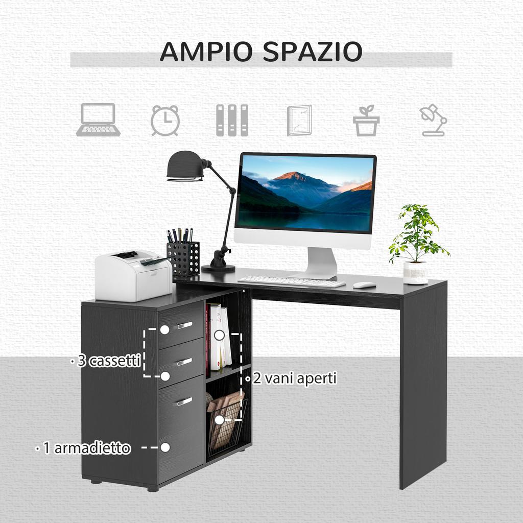 Corner PC Desk with 2 Drawers and Open Shelves, L-Shaped Corner Desk In Wood and Metal, 117x83.5x76 Cm, Black